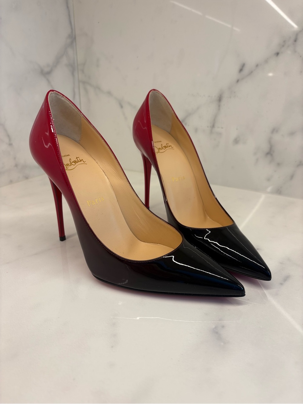 Christian Louboutin Two-Tone Patent Pointed Toe Pumps in Black and Red